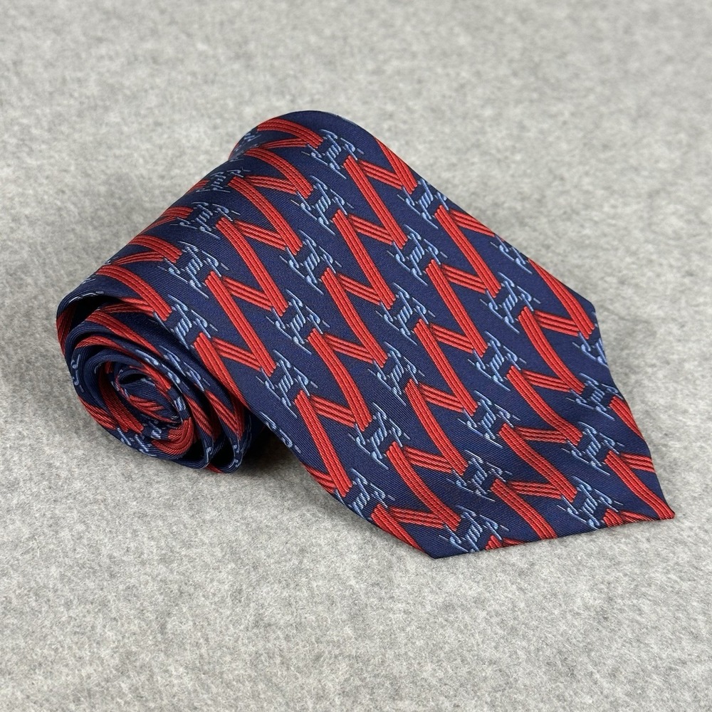 Gucci Silk Tie Navy Red Chain Link GG Logo Italy Designer Necktie 56x3.75" VTG